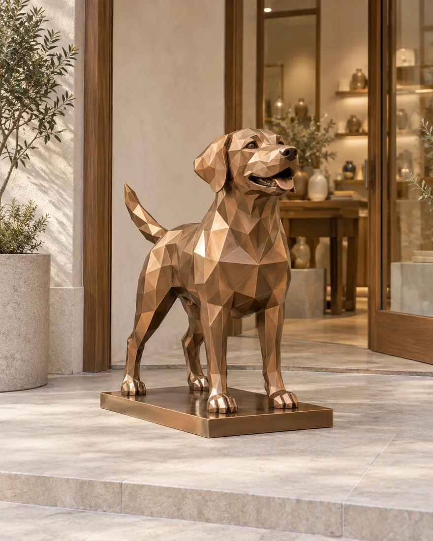 A copper coloured geometric dog sculpture at a boutique entrance.