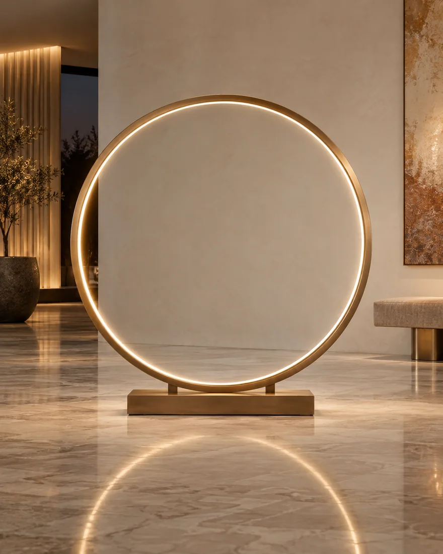 A slim brass coloured circular halo sculpture with soft inner lighting in a boutique lobby.