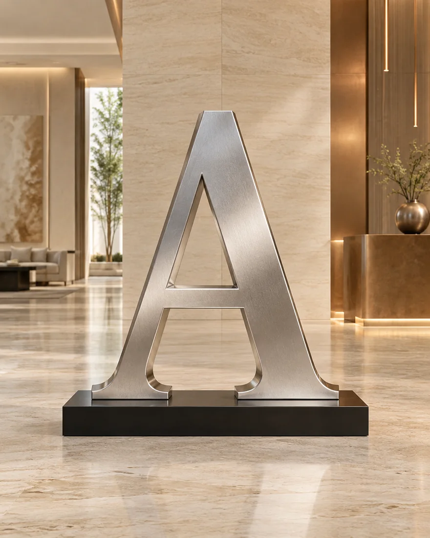 A large silver serif letter A sculpture on a dark base in a minimalist reception.