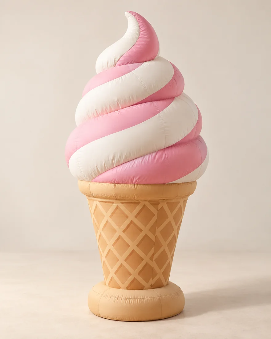 A pink and cream inflatable soft serve ice cream display on a biscuit coloured cone and low base.