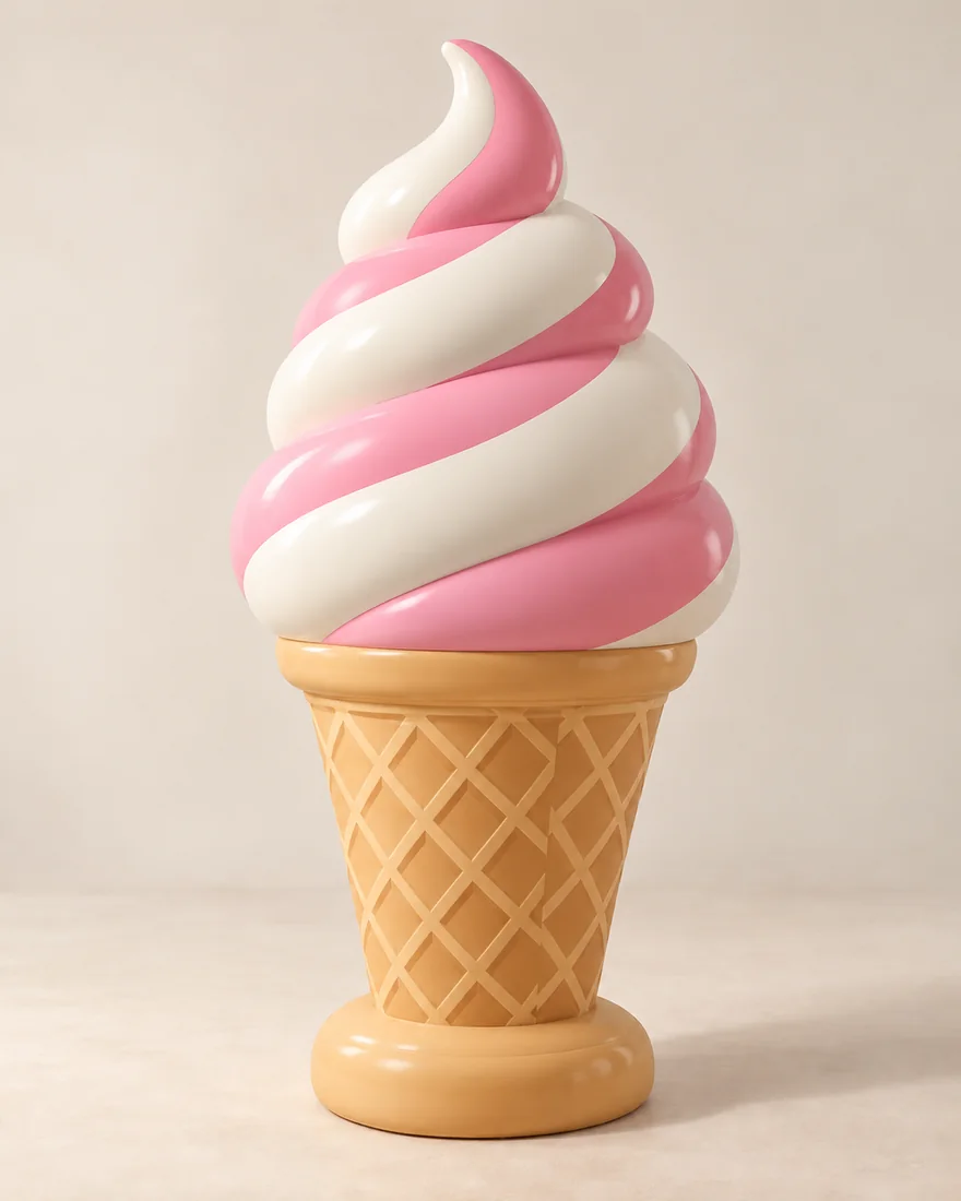 A rigid pink and cream soft serve display sculpture on a biscuit coloured cone and base.