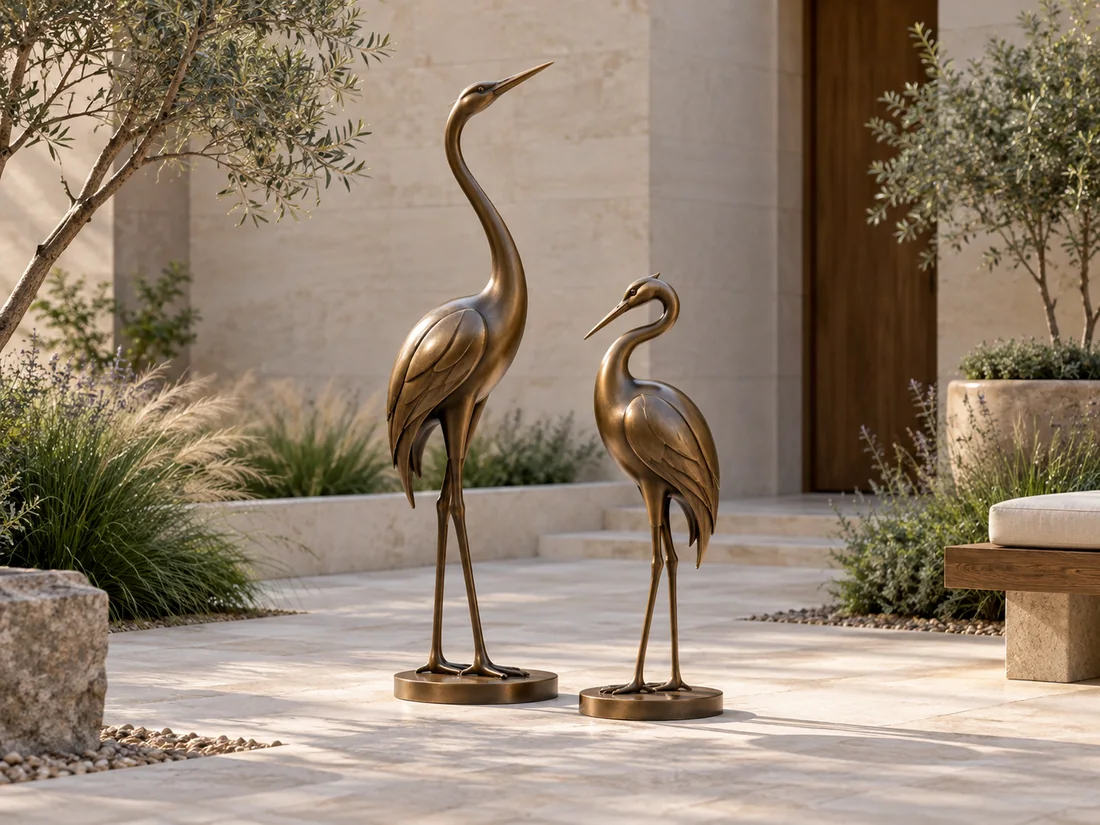 Two slender bronze coloured bird sculptures in a planted contemporary courtyard.