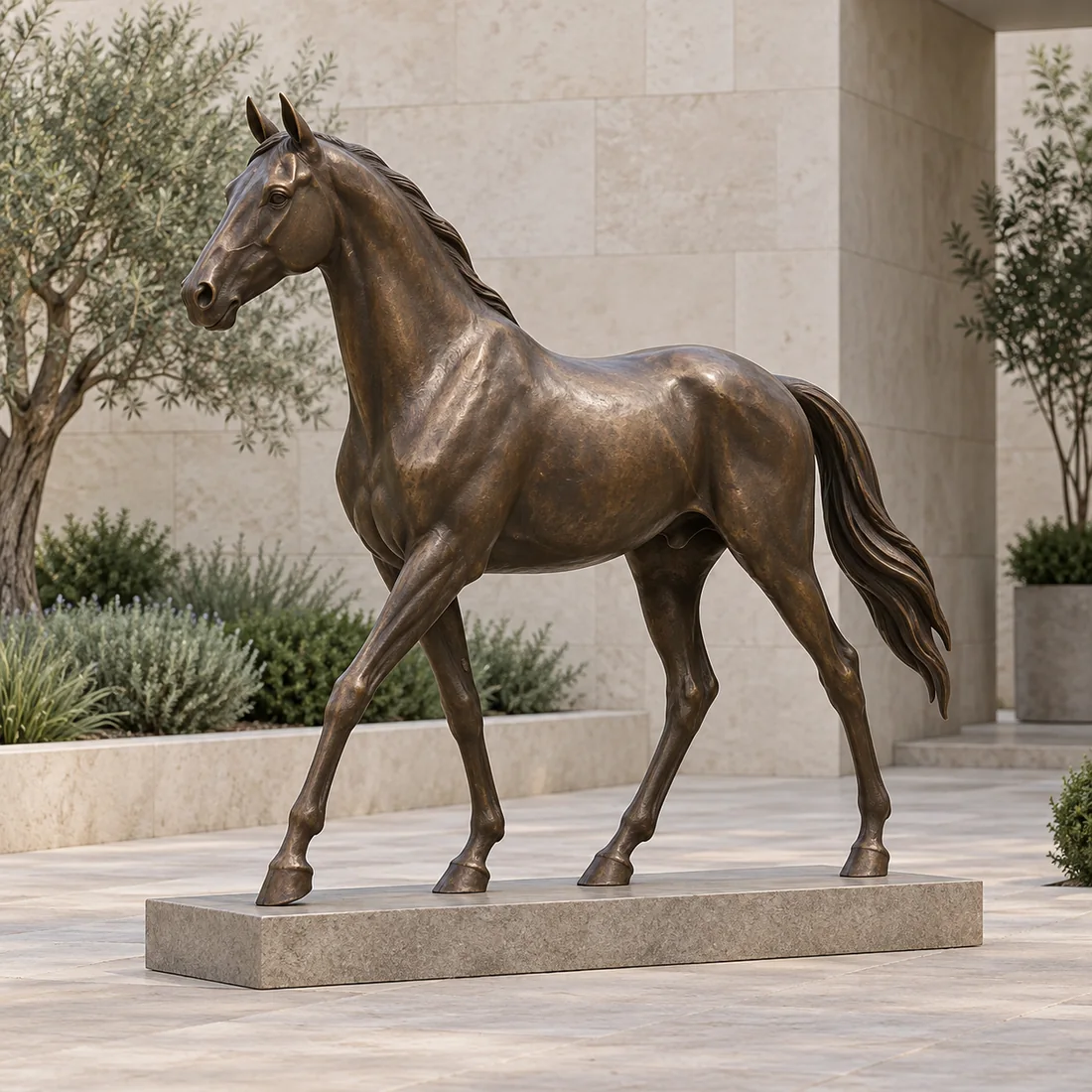 A dark bronze coloured walking horse sculpture on a low base in a courtyard.